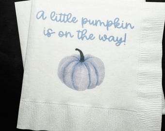 A Little Pumpkin Is On The Way Boy Blue Pumpkin Fall Baby Shower Blue Pumpkin Cocktail, Luncheon or Dinner Napkins Set of 25