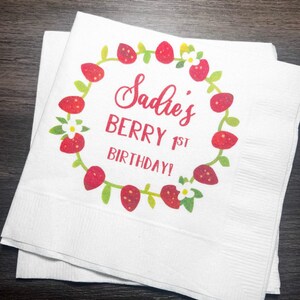 Strawberry Birthday Berry First Birthday Summer Birthday Party Girl Personalized Cocktail, Luncheon or Dinner Napkins Set of 25