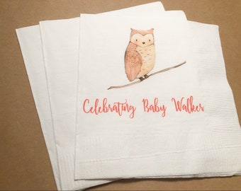 Woodland Owl Fall Baby Shower Gender Neutral Personalized Cocktail or Luncheon Napkins, Set of 25