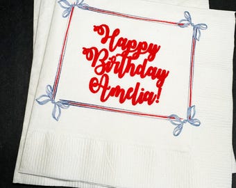 Little Firecracker Birthday 4th of July Patriotic Red White Blue Bow Birthday Party Personalized Napkins, Set of 25