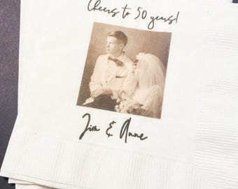 50th Anniversary Cheers to 50 Years Wedding Anniversary Picture Personalized Party Cocktail, Luncheon or Dinner Napkins Set of 25