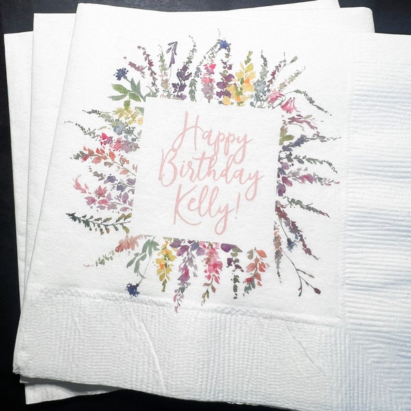 Wildflower Spring Birthday Floral Summer Birthday Personalized Cocktail, Luncheon or Dinner Napkins Set of 25