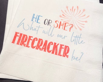 Firecracker Gender Reveal He or She July 4th Cocktail or Luncheon Napkins, Set of 25