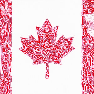 Puede incluir: Una bandera canadiense roja y blanca con un garabato detallado de una hoja de arce en el centro. La hoja está llena de patrones y diseños intrincados, incluyendo una forma de corazón.