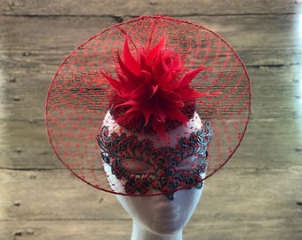 Red Veil Fascinate , Birdcage Fascinator Hat, Derby Hat, Melbourne Cup Hat, Occasion Fascinator, Wedding Fascinator