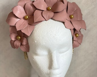 Dusty pink Leather flowers crown moon gold crown cocktail wedding racing headband racing crown hats
