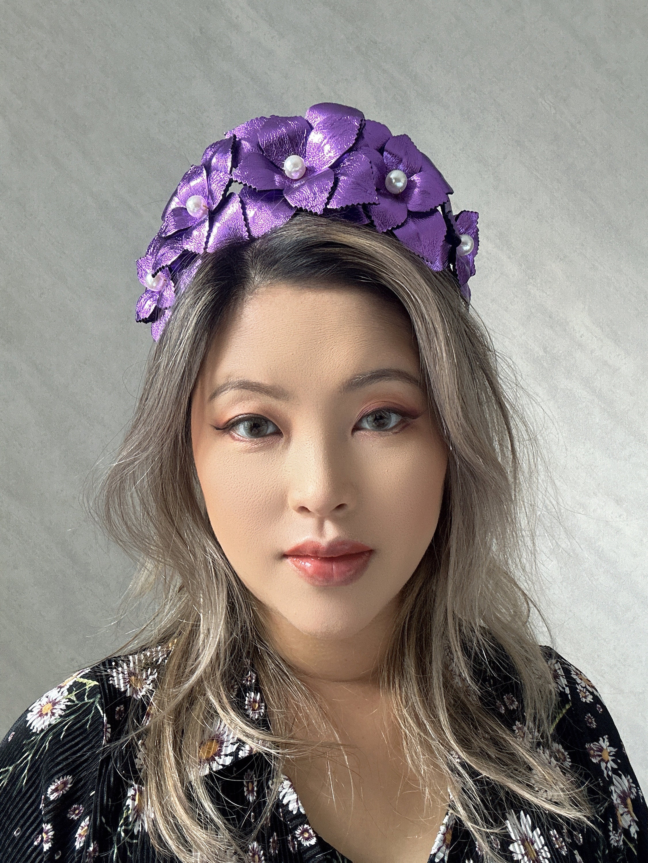 Violet Leather Flower Fascinator, Violet Leather Halo  display picture 3
