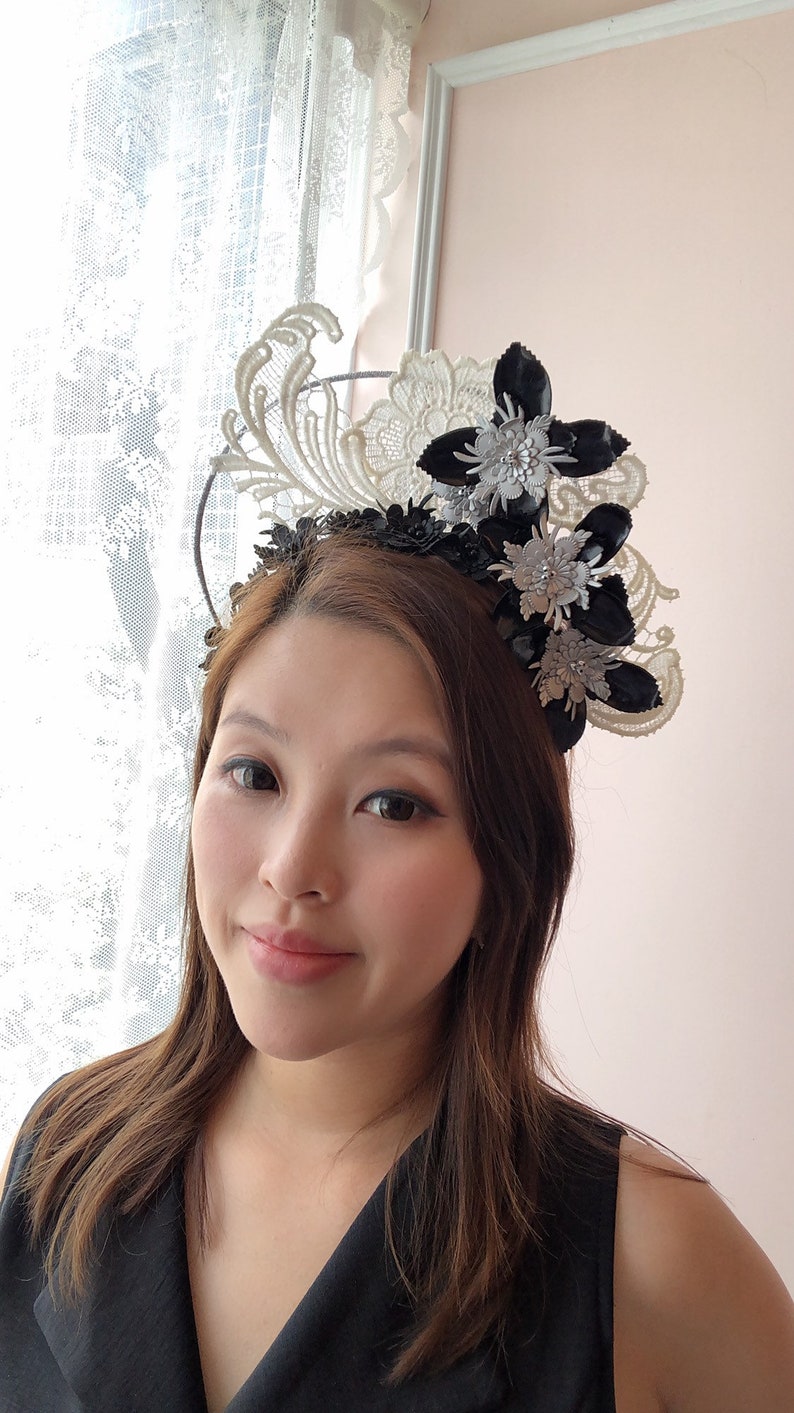 Black and white halo crown headband Lace fascinator halo Etsy
