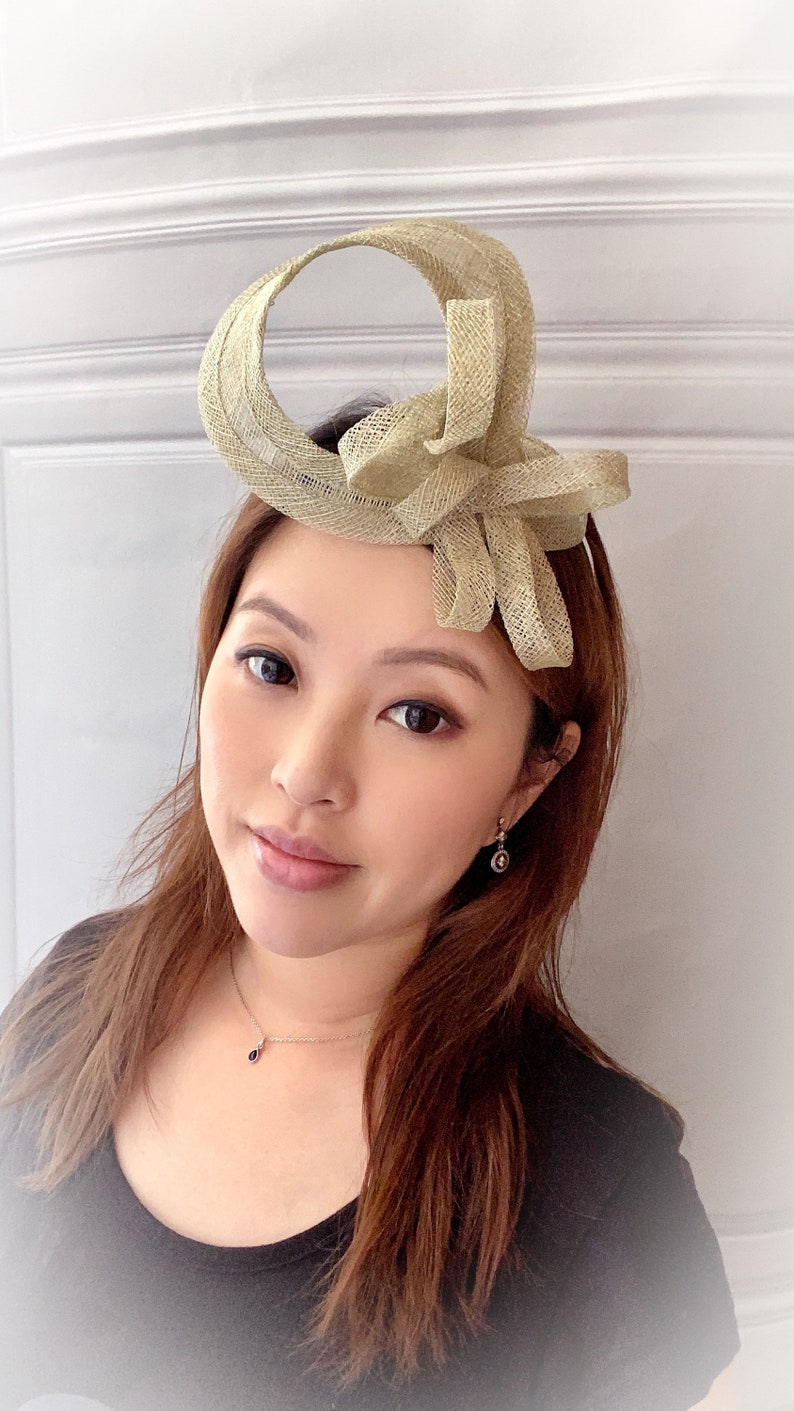 Khaki Fascinator, Sinimay Hat, Wedding Fascinator, Cocktai Hat, Khaki Headpiece, Wedding Headpiece image 6