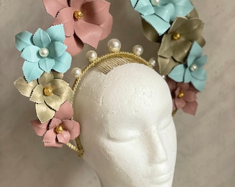 Leather Flowers crown flower halo headband cocktail headress Melbourne cup derby fascinator halo fascinator