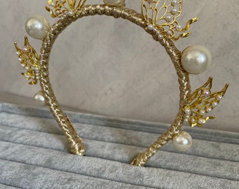 Gold Crown with gold embellishment,crown fascinate ,sierra headband, wedding luxury headband,pearl headband