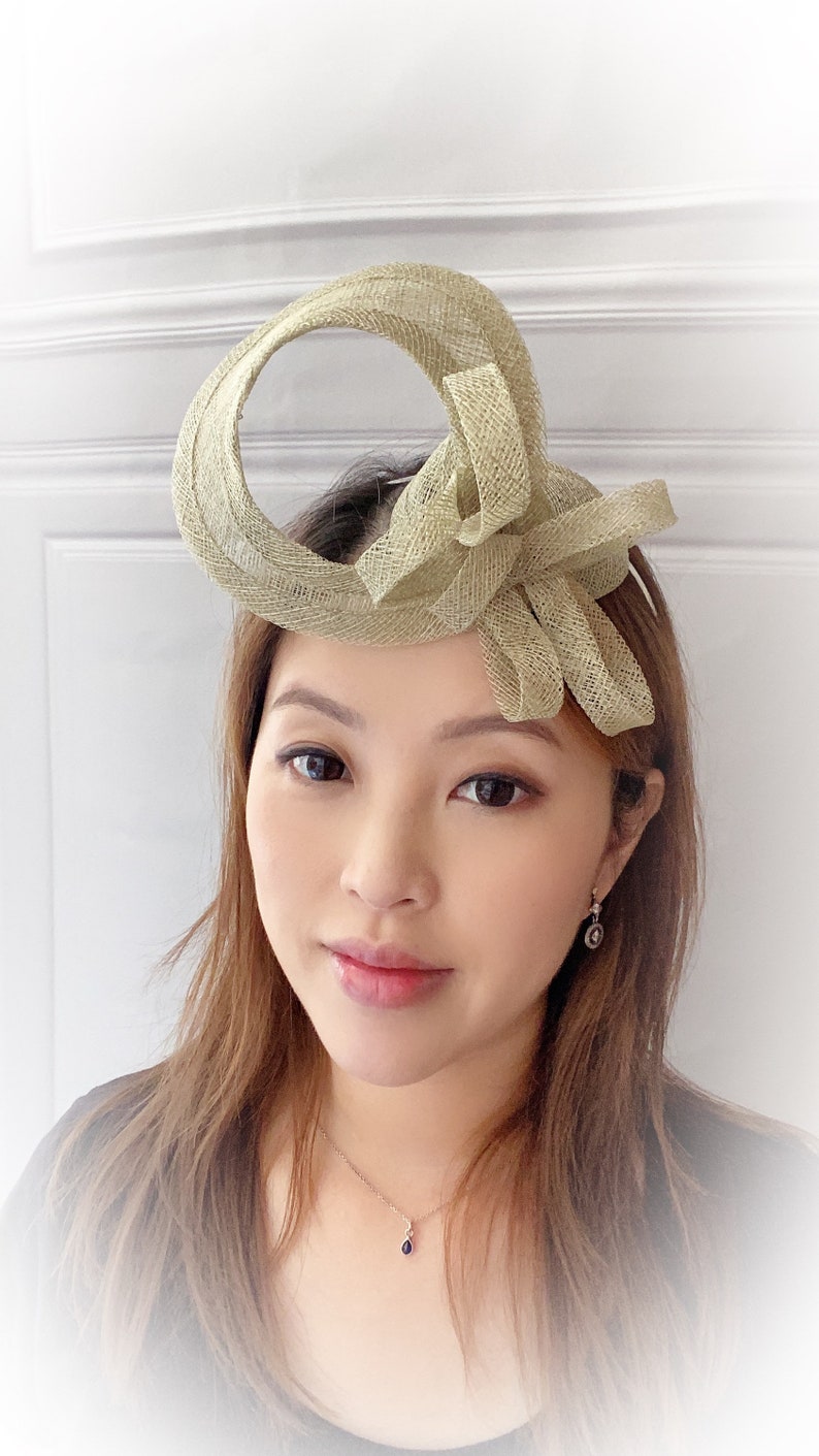 Khaki Fascinator, Sinimay Hat, Wedding Fascinator, Cocktai Hat, Khaki Headpiece, Wedding Headpiece image 5