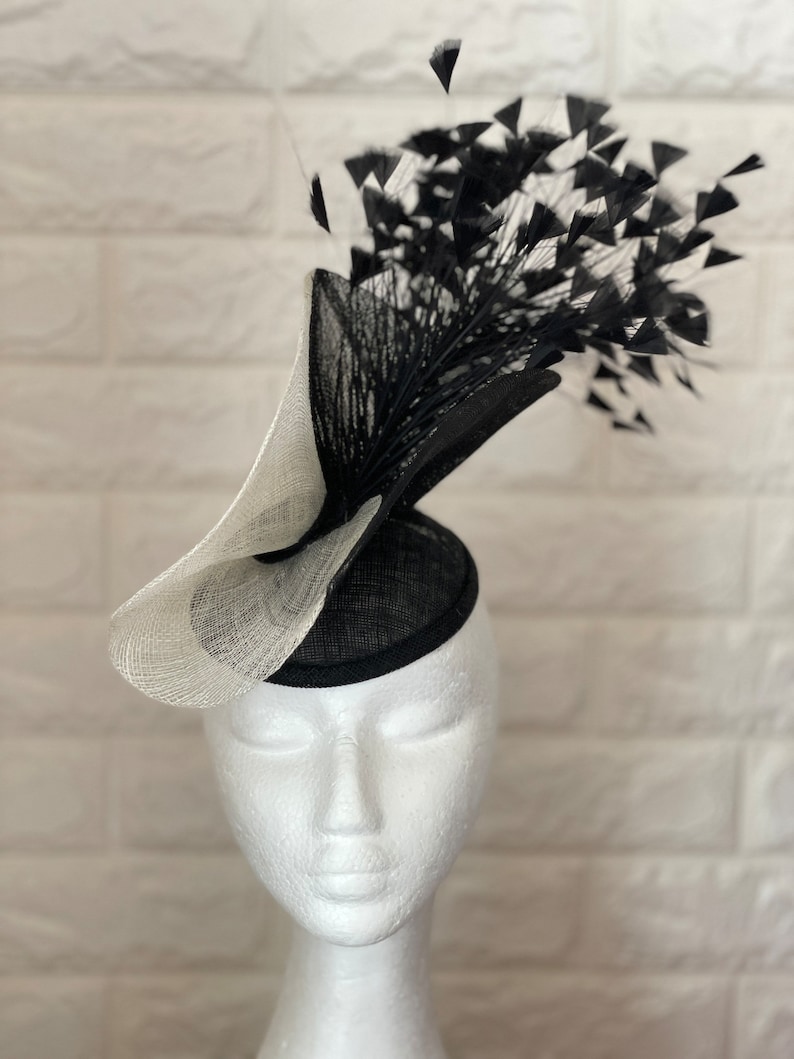 Black and white Fascinator, Sinamay Hat, Ascot Hat, Fascinator Hat, Black Fashion Hat, Black Crinoline Fascinator image 1
