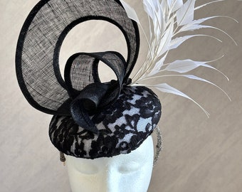 Black and white Fascinator, Derby Fascinator, Melbourne Cup Hat, Ascot Hat, Fascinator Hat, Black Fashion Hat,  Black Crinoline Fascinato