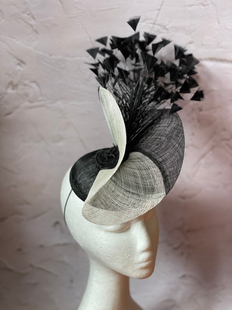 Black and white Fascinator, Sinamay Hat, Ascot Hat, Fascinator Hat, Black Fashion Hat, Black Crinoline Fascinator image 5