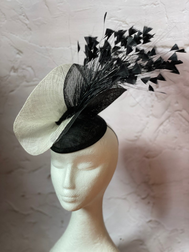 Black and white Fascinator, Sinamay Hat, Ascot Hat, Fascinator Hat, Black Fashion Hat, Black Crinoline Fascinator image 4