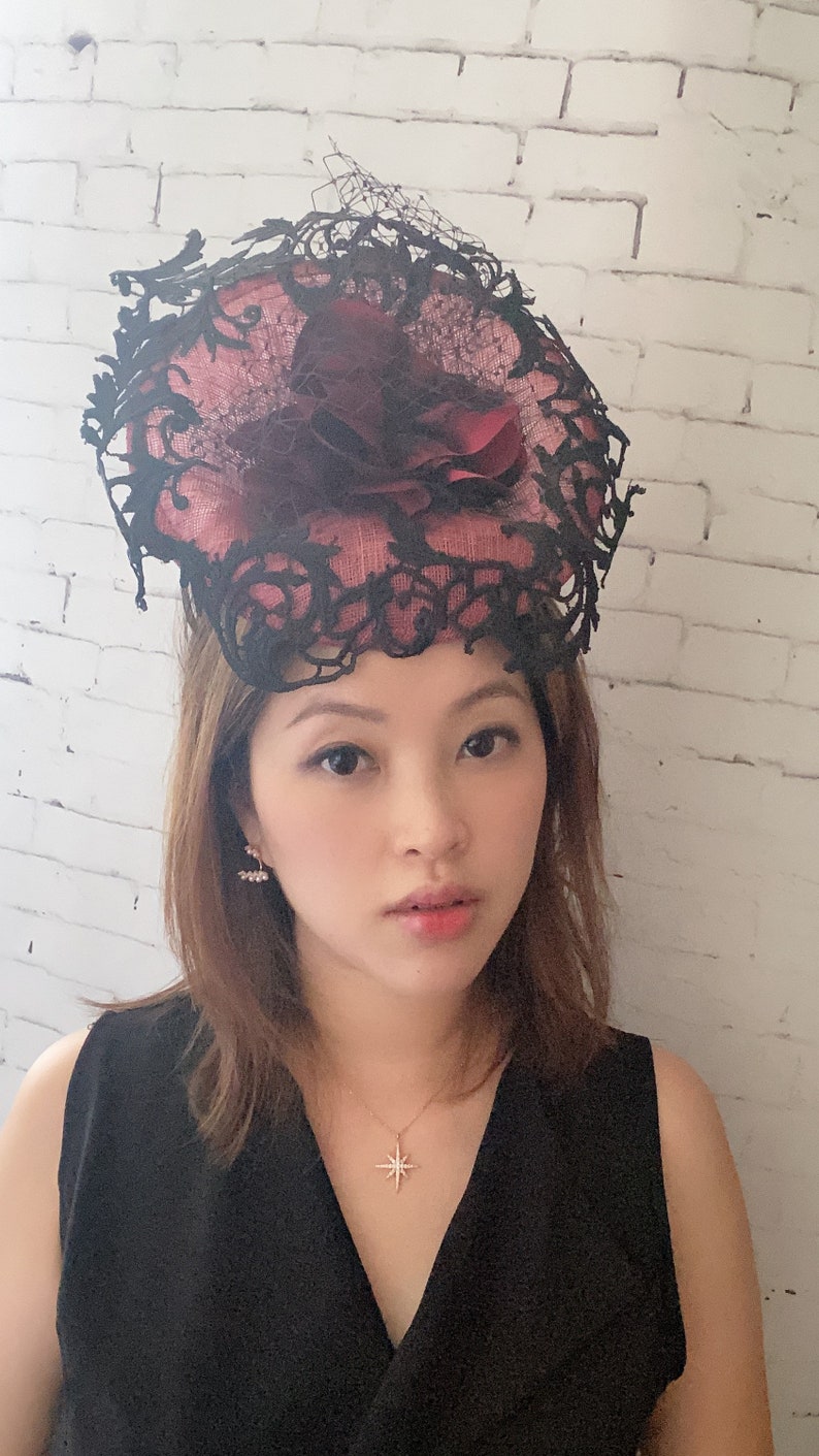 Black Lace Fascinator , Red Fascinate Hat, Wedding Hat, Melbourne Cup