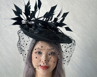 Vintage 50s 60s Black Velvet Halo Hat With Veil Netted  display picture 3