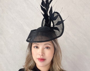 Black color Fascinator, black Sinimay Hat, Wedding Fascinator, Black Cocktai Hat, Black Headpiece, Derby, Melbourne cup fascinator