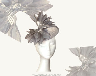 Grå fascinator. Grå hatt. Grått pannband Cocktailhatt. Royal Ascot hattar. Melbourne Cup hatt. Cocktailhatt. Sinimay hatt.