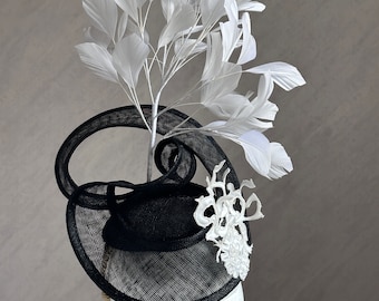 Black and white Fascinator, Sinamay Hat, Ascot Hat, Fascinator Hat, Black Fashion Hat,  Black Crinoline Fascinator