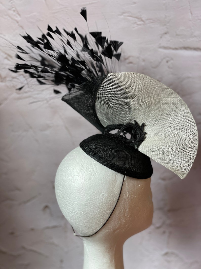 Black and white Fascinator, Sinamay Hat, Ascot Hat, Fascinator Hat, Black Fashion Hat, Black Crinoline Fascinator image 6