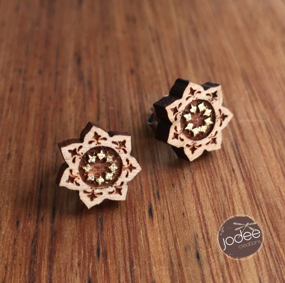 Laser cut wood stud earrings Mandala Lotus Flower Star shape design stud earrings lotus flower mandala influence boho style stud