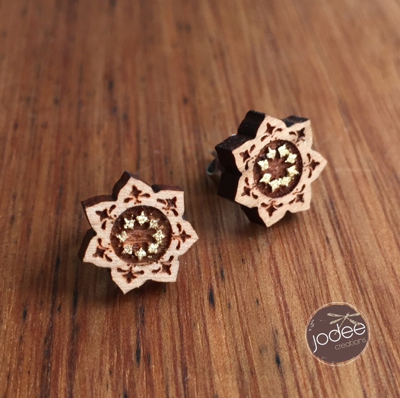 Laser cut wood stud earrings Mandala Lotus Flower Star shape design stud earrings lotus flower   mandala influence  boho style stud