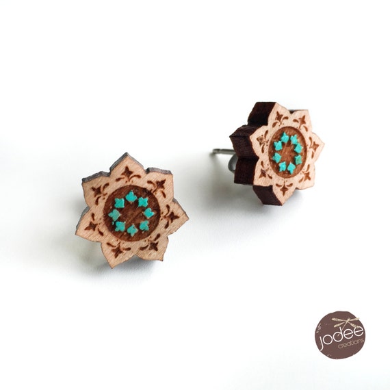 Laser cut wood stud earrings Mandala Lotus Flower Star shape design stud earrings lotus flower mandala influence boho style stud