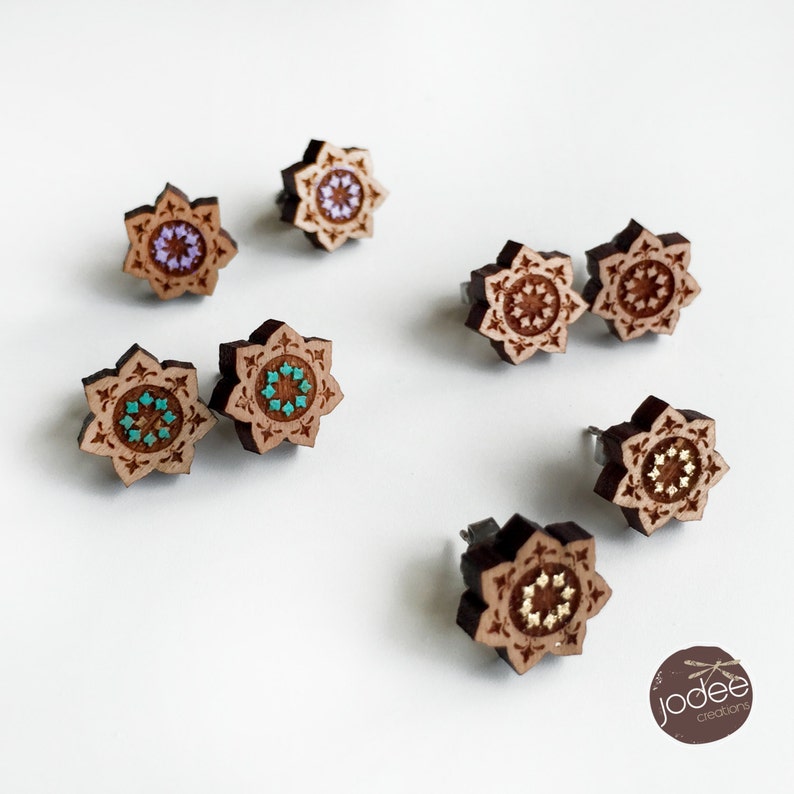 Laser cut wood stud earrings Mandala Lotus Flower Star shape design stud earrings lotus flower mandala influence boho style stud