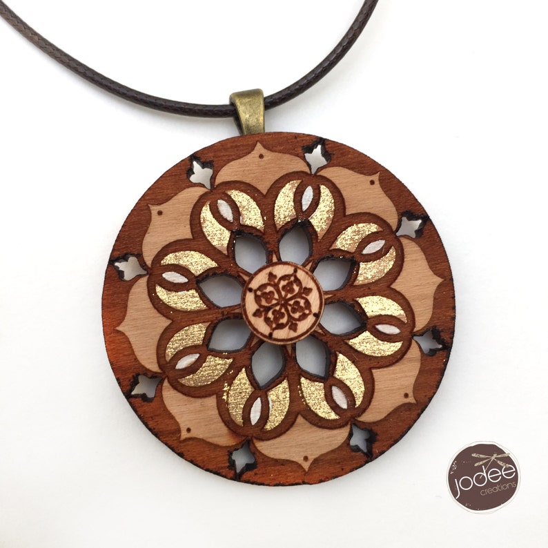 Mandala Design Pendant Laser Cut Wood Gold Leaf Turquoise - Laser Cut Wooden Pendants Mandala Design Pendant Laser Cut Wood Gold Leaf Turquoise - Laser Cut Wooden Pendants
