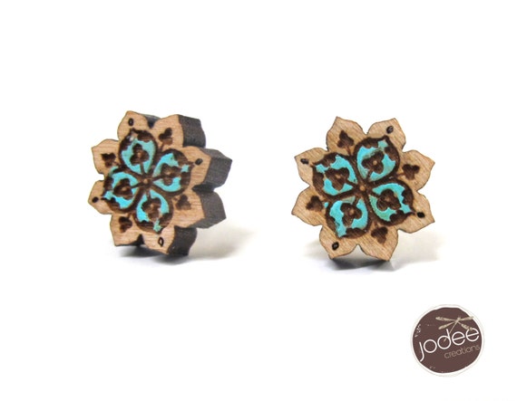 Laser cut wood stud earrings Mandala Lotus Flower Star shape design stud earrings lotus flower mandala influence boho style stud