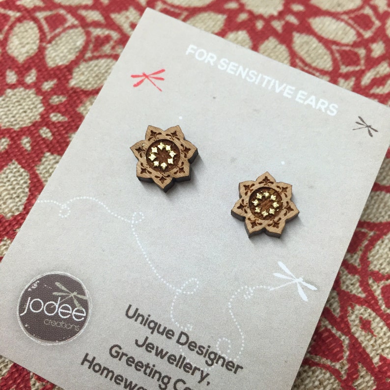 Laser cut wood stud earrings Mandala Lotus Flower Star shape design stud earrings lotus flower mandala influence boho style stud