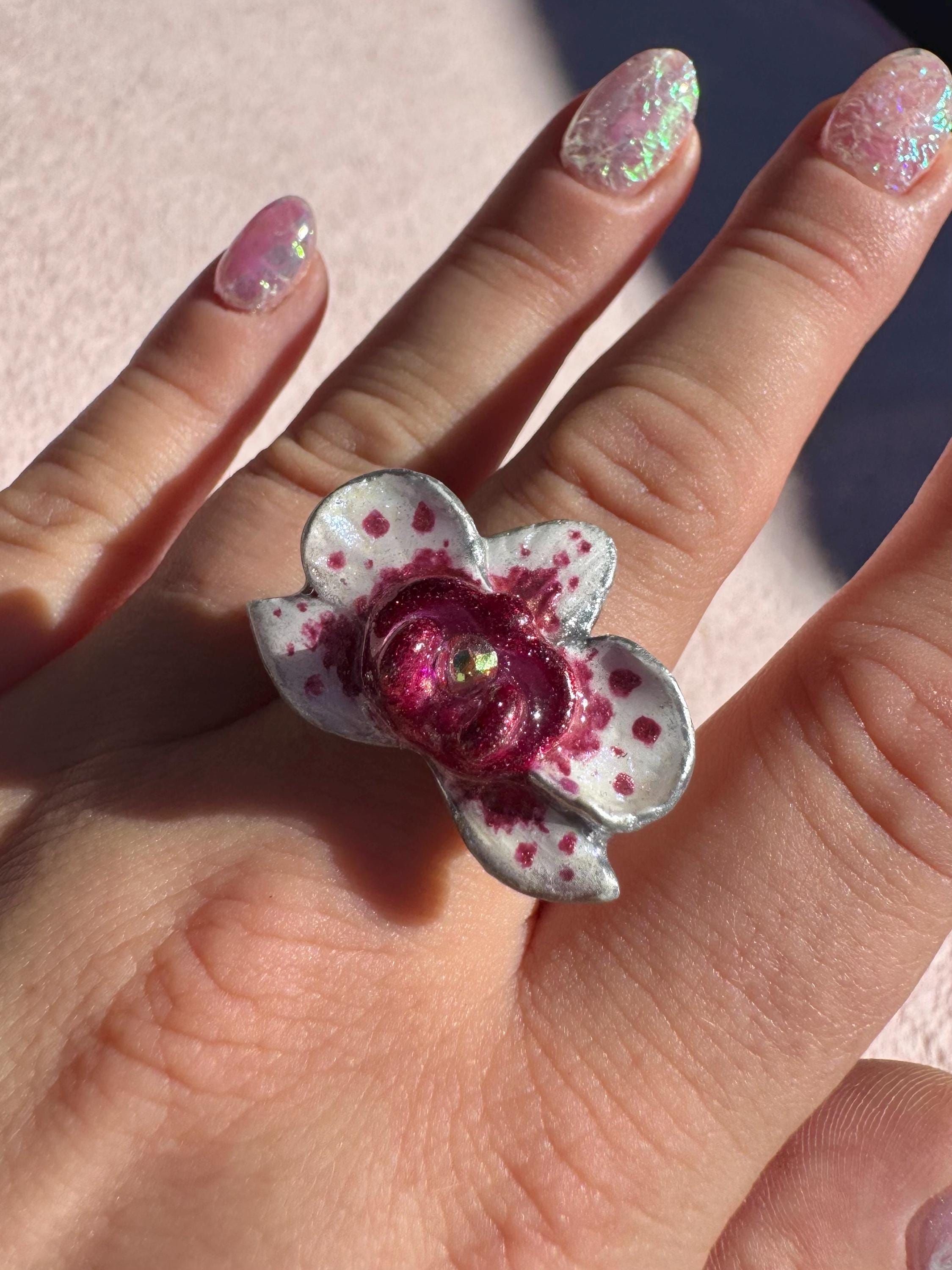 Red Orchid Ring | Phalaenopsis Spotted Flower Ring | Adjustable