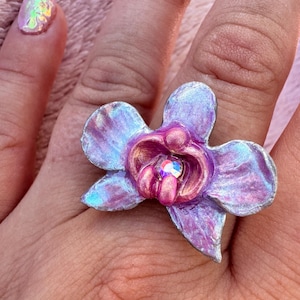 Purple Orchid Ring | Phalaenopsis Flower Ring | Adjustable Fairycore Jewelry | Handmade Floral Nature Botanical Jewelry |
