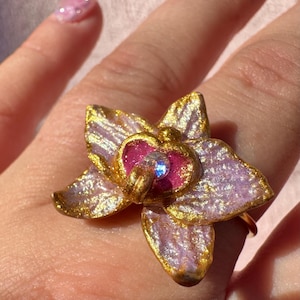 Purple Orchid Ring | Phalaenopsis Flower Ring | Adjustable Fairycore Jewelry | Handmade Floral Nature Botanical Jewelry |