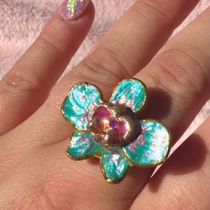 Turquoise Orchid Ring | Phalaenopsis Light Blue Teal Flower Ring | Adjustable Fairycore Jewelry | Handmade Floral Nature Botanical Jewelry |