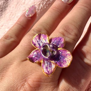 Purple Orchid Ring | Phalaenopsis Flower Ring | Adjustable Fairycore Jewelry | Handmade Floral Nature Botanical Jewelry |