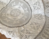 Large Round White Vintage French Hand-Made Bobble Crochet Tablecloth