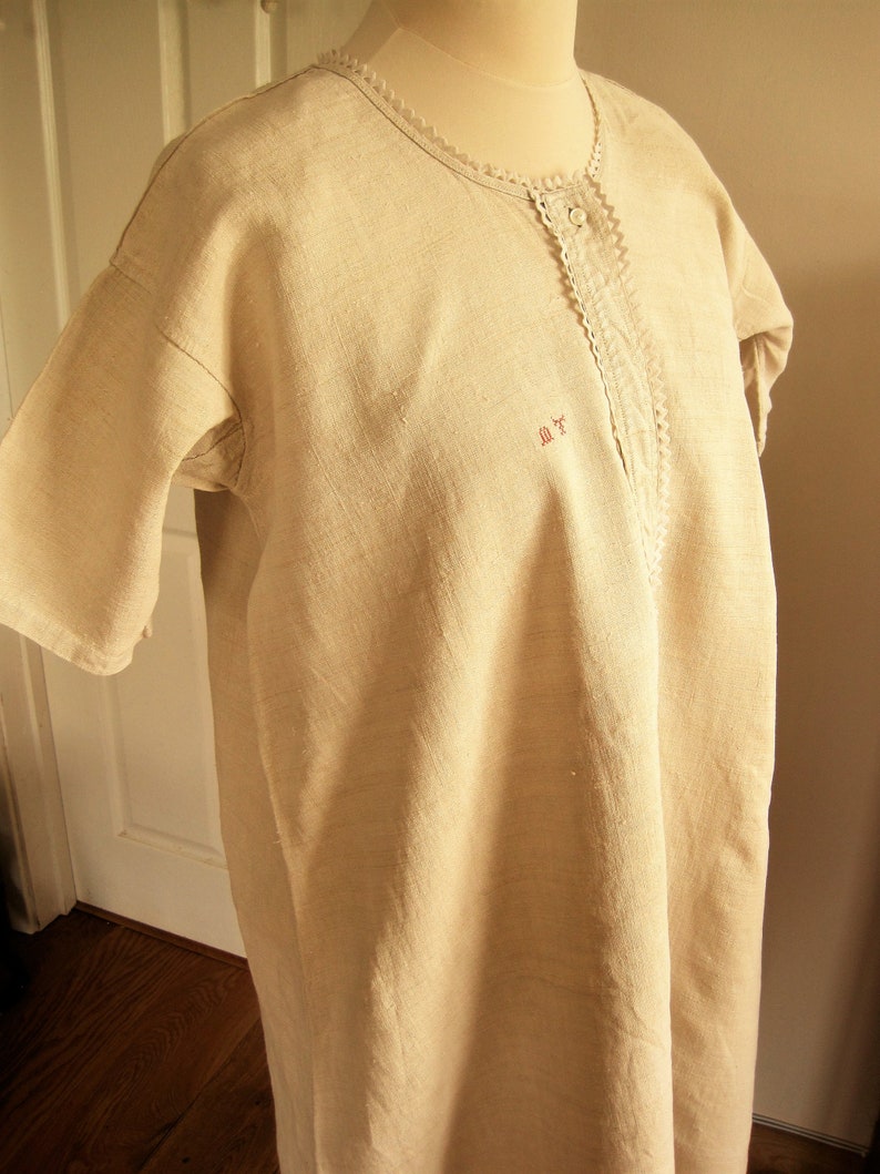 Pure Unbleached Hemp Antique French Smock Chemise Nightgown Country Shift Romantic Nightshirt MT monogram Art Brocante