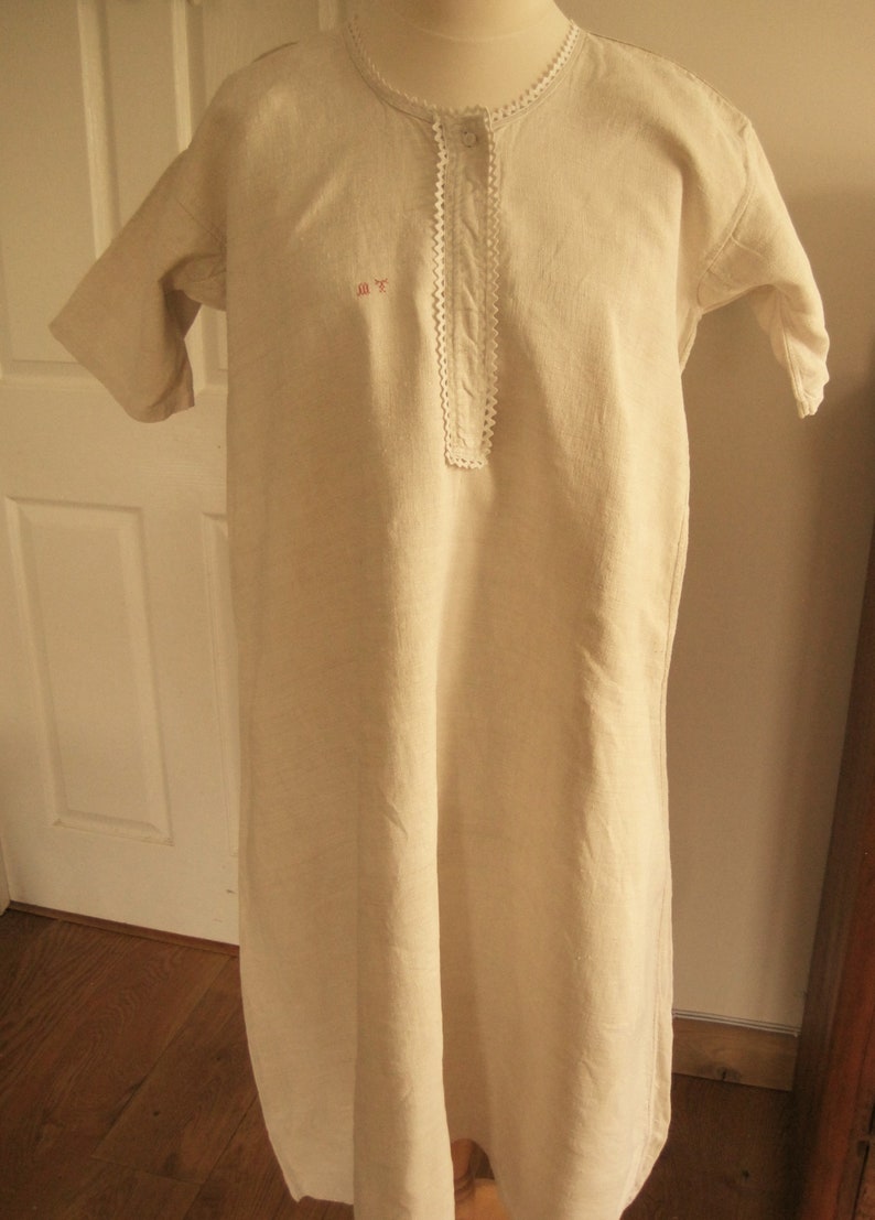 Pure Unbleached Hemp Antique French Smock Chemise Nightgown Country Shift Romantic Nightshirt MT monogram Art Brocante