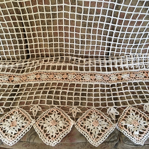 Antique French Curtain Hand-Made Beige Cotton Crochet Decor, Net Curtain, Fillet Net