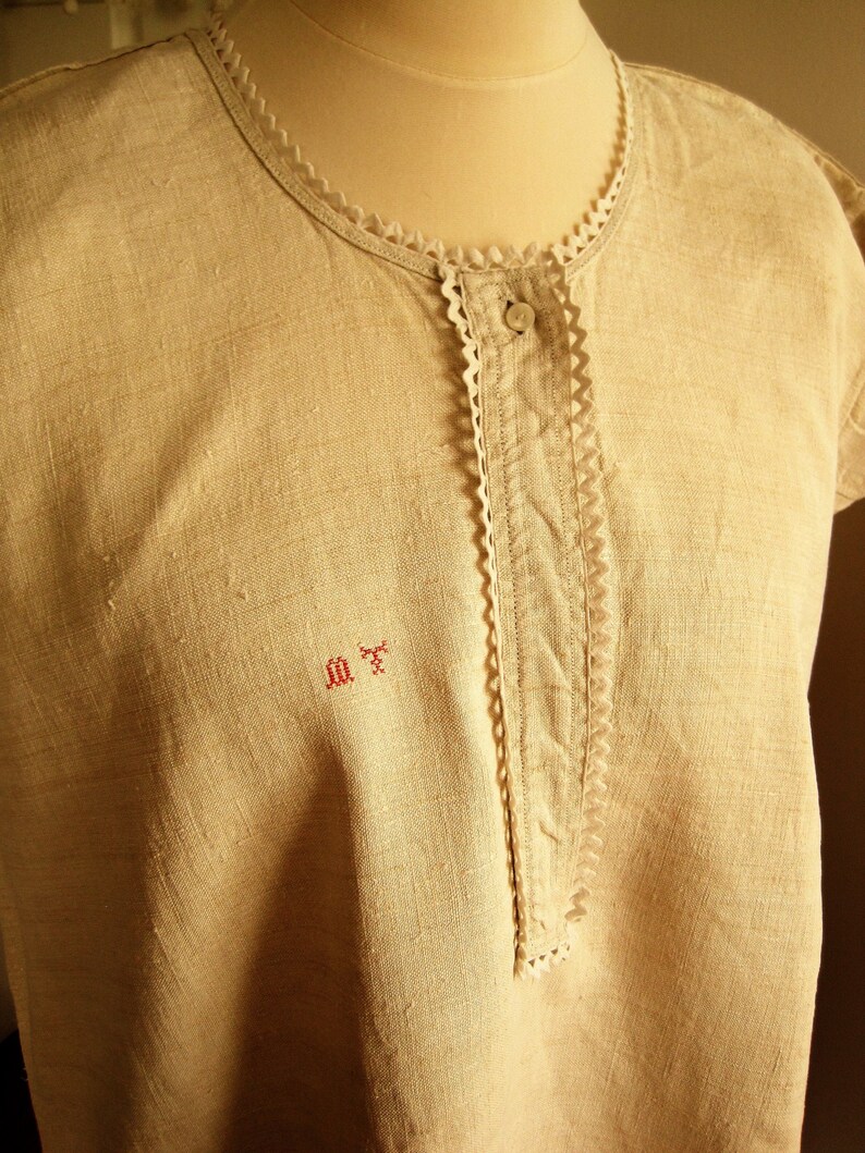 Pure Unbleached Hemp Antique French Smock Chemise Nightgown Country Shift Romantic Nightshirt MT monogram Art Brocante