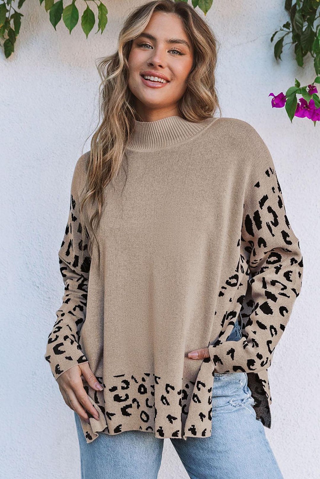 Moxidress High Neck Side Slit Cheetah Pattern Sweater