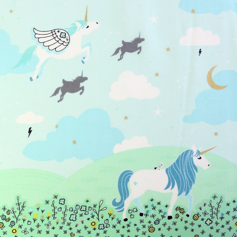 UNICORN Rainbow on white baloons PRINTED 100/% COTTON FABRIC //METER //160cm WIDE
