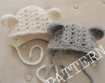 Crochet Bear Bonnet 0-3 mo PATTERN, Crochet Bonnets, Baby Boy Hats, Baby girl hats, Bear hats, Bear Bonnets,  Luv Beanies, PDF Download