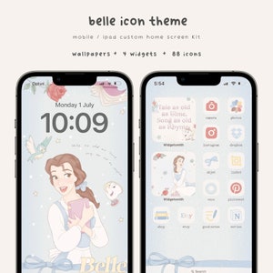 Belle Aesthetic Icon Theme, Beauty Handgezeichnete App-Icons, Prinzessin Home Screen Set, Fairytale App-Icons, Widget, Wallpapers