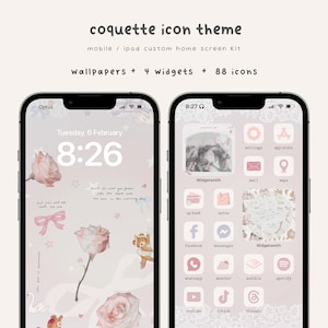May include: A pink and white mobile phone home screen with a rose and star design. The phone screen displays the time 8:26 and the date Tuesday, 6 February. The phone screen also includes icons for apps such as Facebook, Messenger, Instagram, and Spotify.