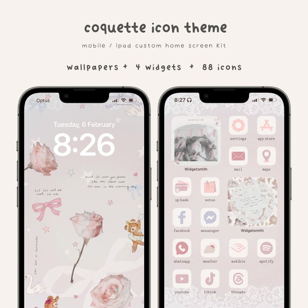 Coquette Aesthetic Icon Theme, Hand Drawn App Icons, Pink Home Screen Set, Valentine's App Icons, Widget, Wallpapers