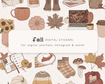 May include: A set of digital stickers featuring autumn-themed illustrations, including pumpkins, leaves, boots, a mug, a book, a laptop, a teapot, a jumper, a pie, a mushroom, a backpack, and a candle. The text "fall DIGITAL STICKERS" and "for digital journals, Instagram & more!" is included in the image.